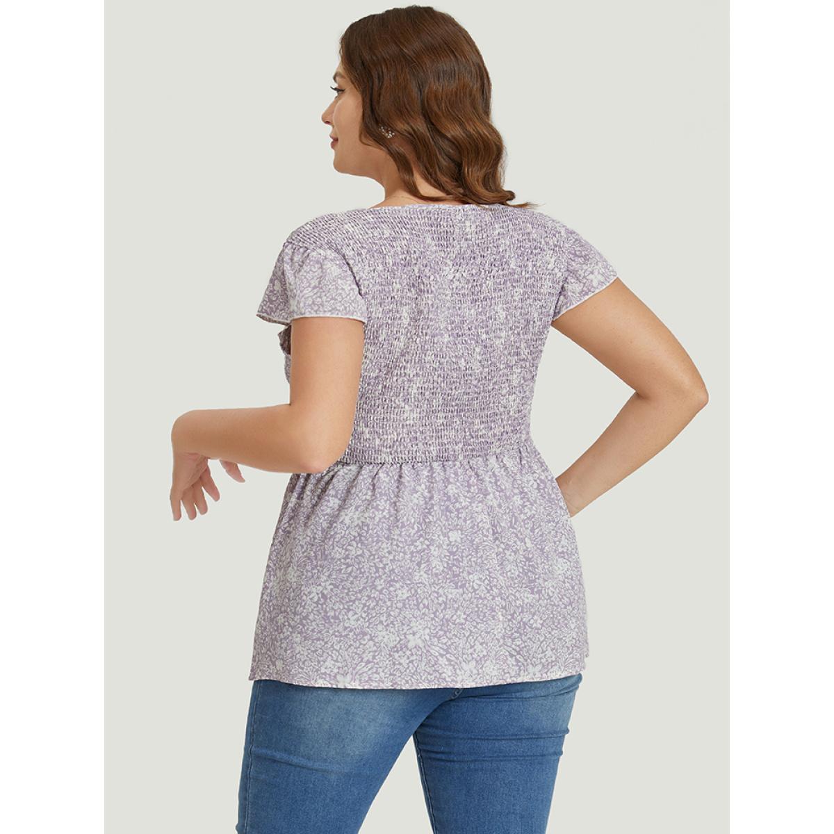 Plus Size Heather Ditsy Floral Cap Sleeve Shirred Blouse Women Elegant Cap Sleeve V-neck Dailywear Blouses BloomChic 12/L Product Image