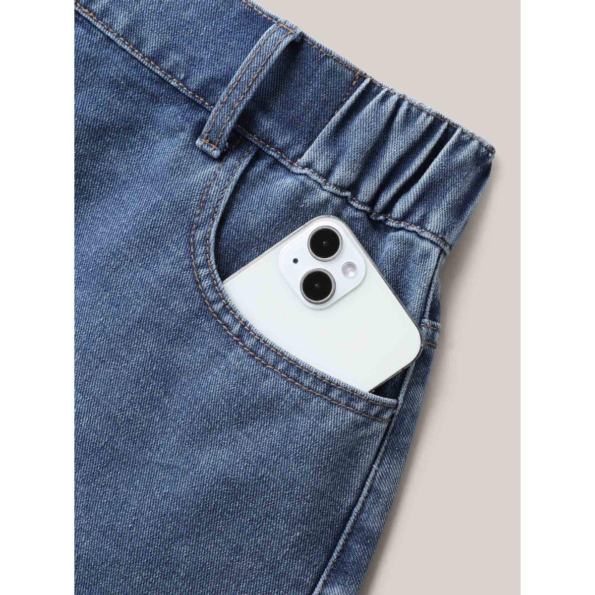 Plus Size A-Line Classic Midi Denim Skirt Women Denimblue Vacation No stretch Medium Wash 12/L Slanted pocket Denim Skirts BloomChic Product Image