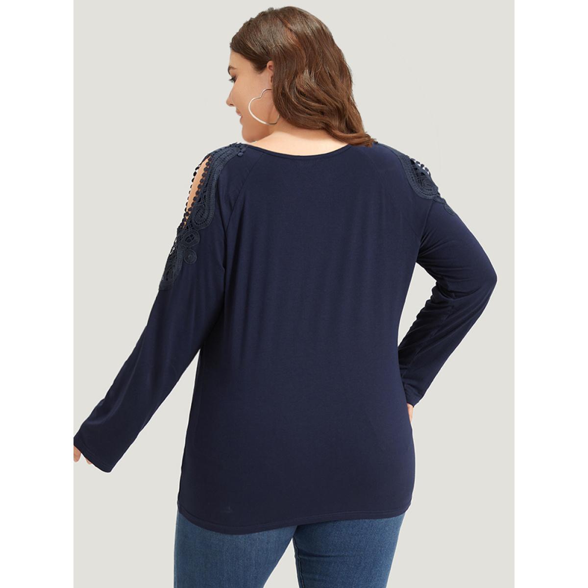 Plus Size Supersoft Essentials Cold Shoulder Eyelet Lace T-shirt Indigo Women Elegant Plain Plain V-neck Dailywear T-shirts BloomChic 14-16/1X Product Image