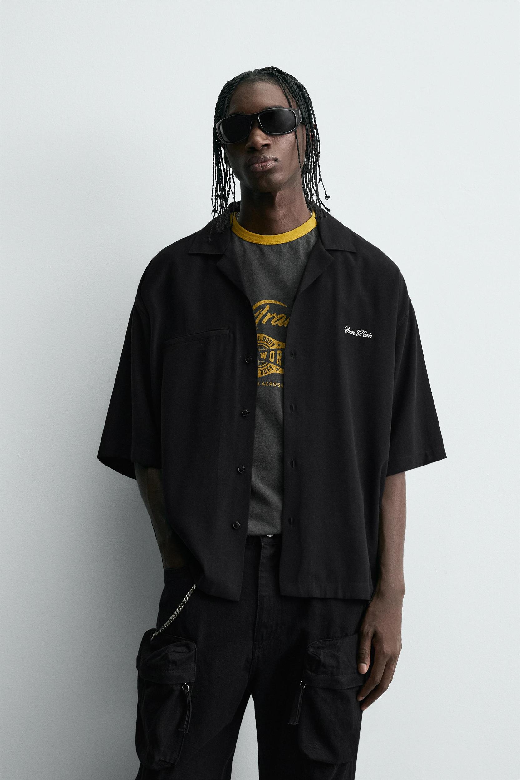 FLOWY SHIRT WITH EMBROIDERED TEXT Product Image