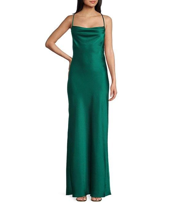 B. Darlin Satin Cowl Neck Cross Back Strap Long Dress Product Image