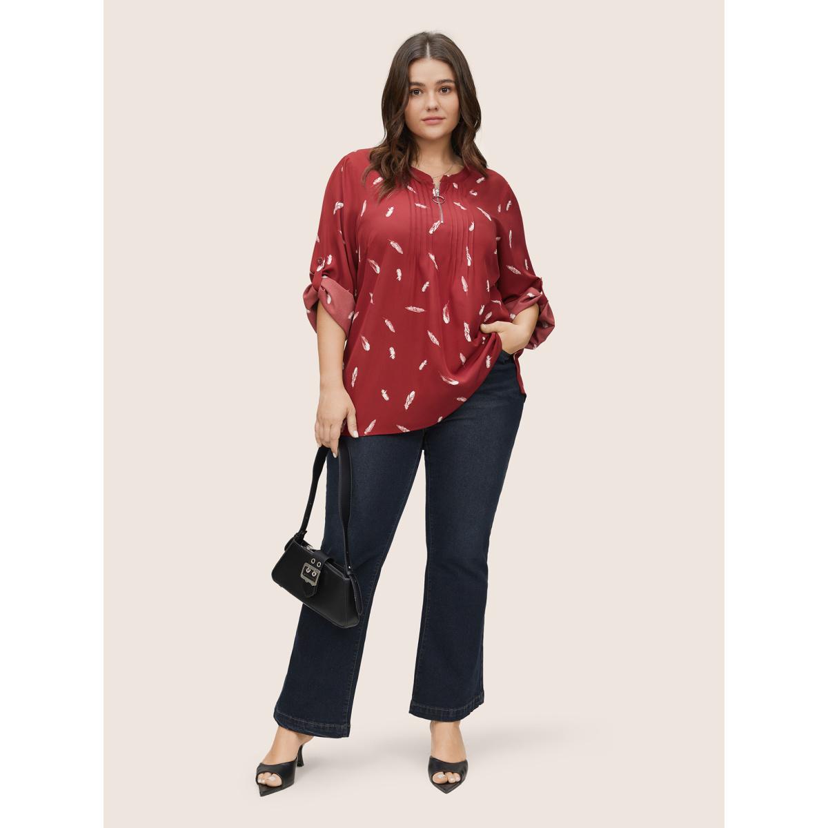 Plus Size Scarlet Feather Print Half Zip Tab Sleeve Split Hem Blouse Women Work From Home Long Sleeve Round Neck Work Blouses BloomChic 14-16/1X Product Image