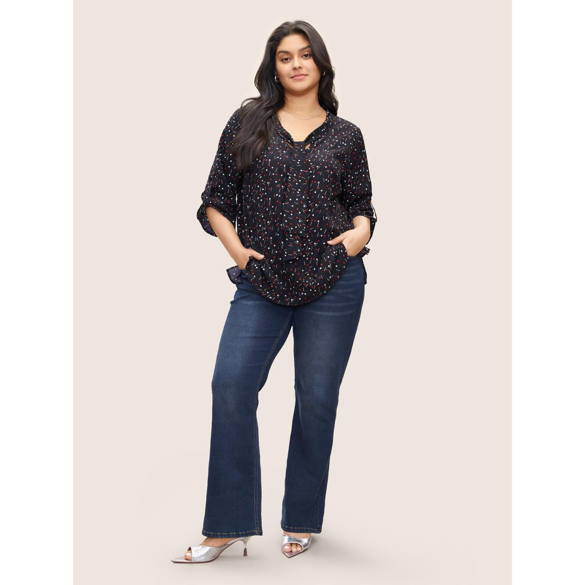 Plus Size Black Geometric Tab Sleeve Tie Neck Blouse Women At the Office Elbow-length sleeve Ribbon-tied collar Office Blouses BloomChic 12/L Product Image