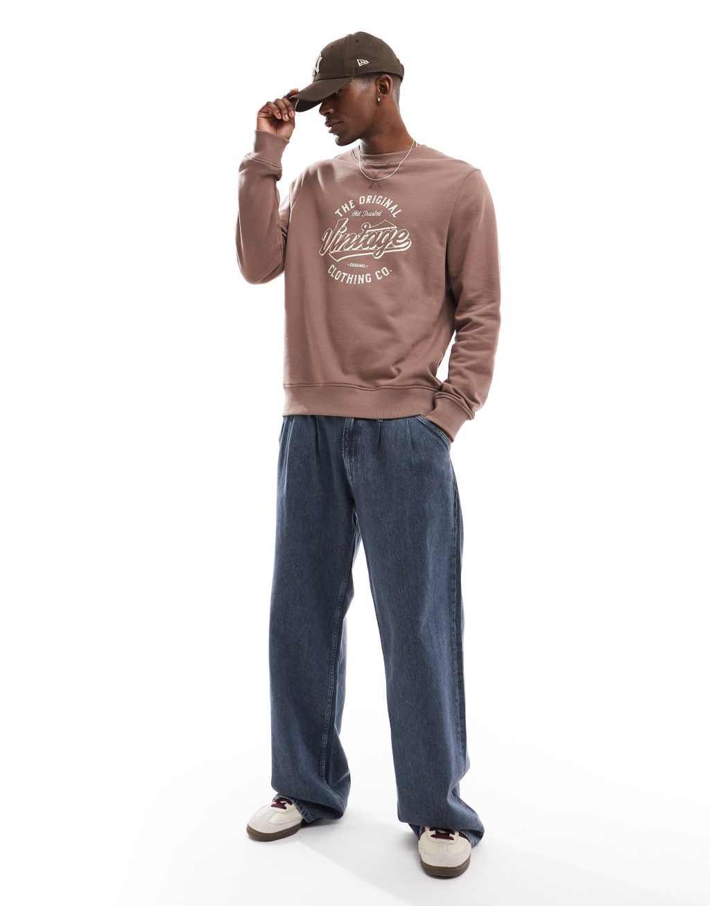 Threadbare chest print fleece sweatshirt in brown Product Image