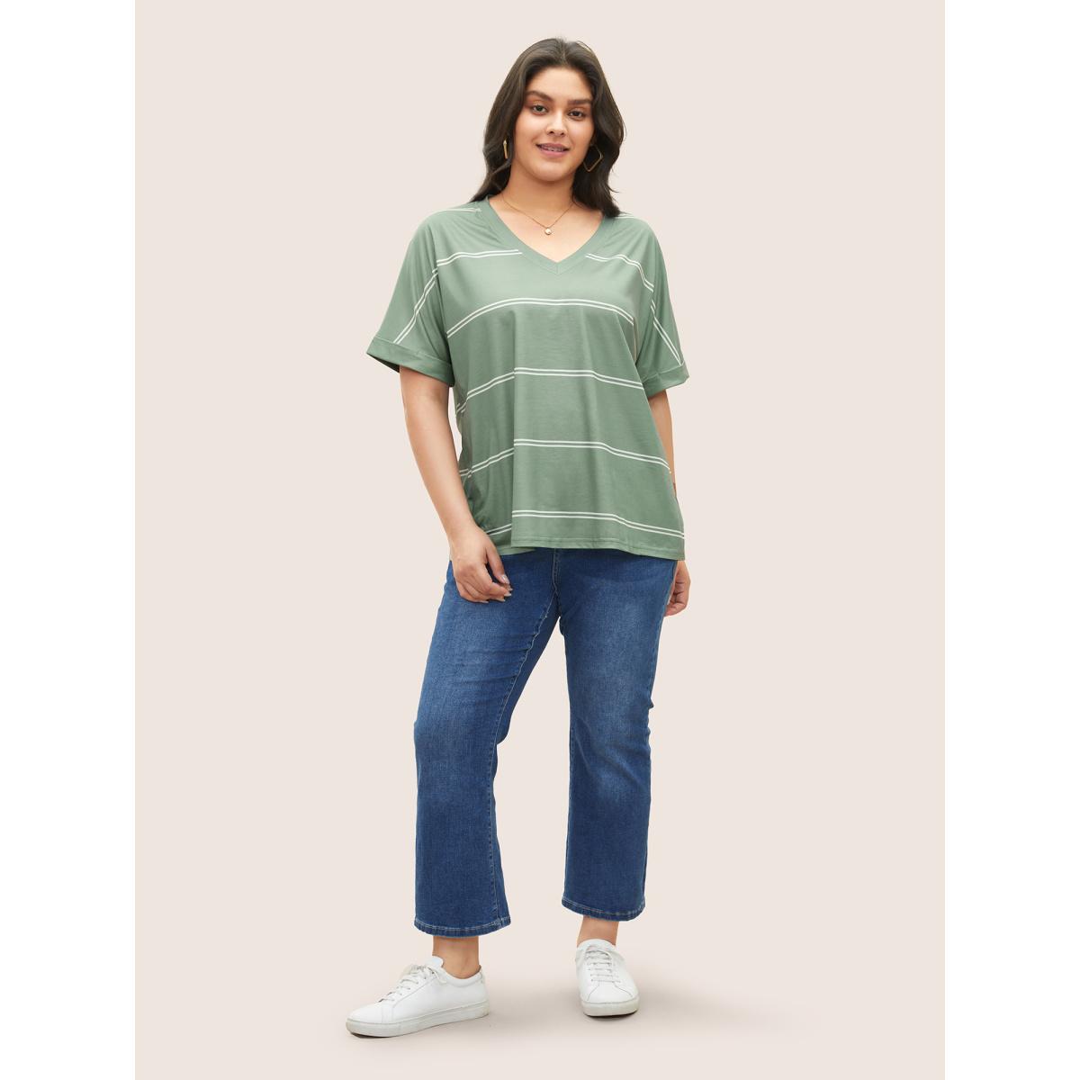 Plus Size Striped Contrast Dolman Sleeve T-shirt Mint Women Casual Striped V-neck Everyday T-shirts BloomChic 10/M Product Image