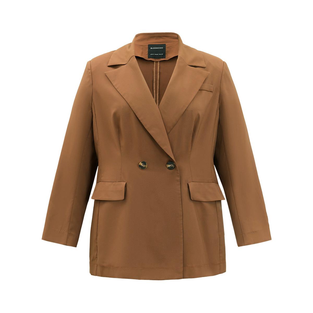 Plus Size Suit Collar Button Up Pocket Blazer DarkBrown Women Dailywear Plain Plain Sleeve Long Sleeve Suit Collar 10/M Pocket Casual Blazers BloomChic Product Image