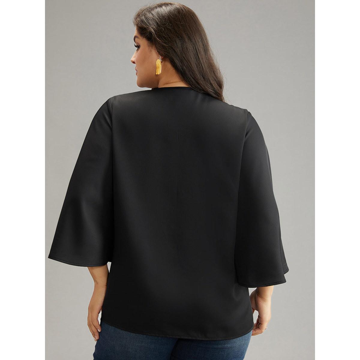 Plus Size Black Twill Rhinestone V Neck Ruffle Sleeve Blouse Women Glamour Elbow-length sleeve V-neck Going out Blouses BloomChic 26/4X Product Image