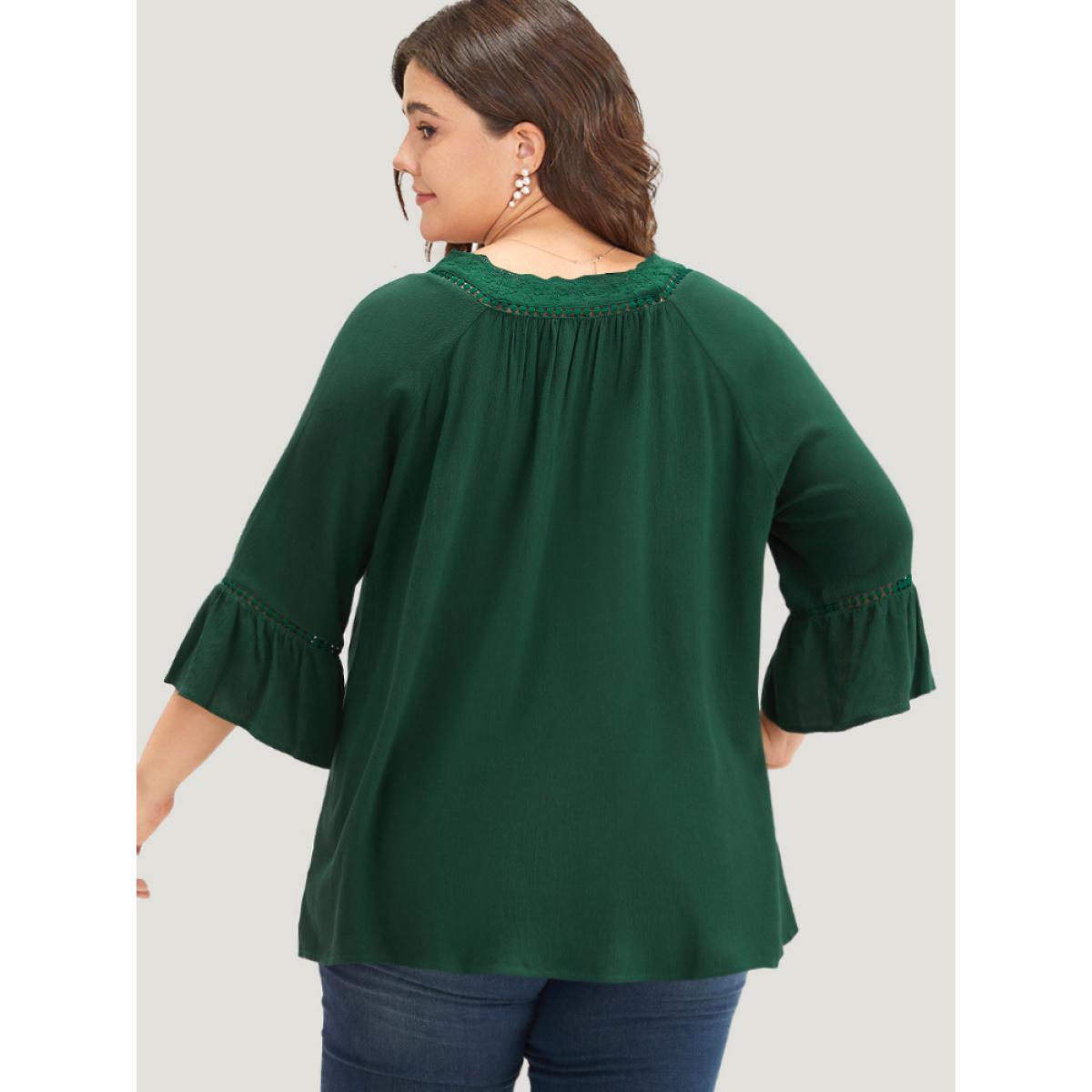 Plus Size Emerald Lace Panel Hollow Out Bell Sleeve Blouse Women Elegant Elbow-length sleeve V-neck Everyday Blouses BloomChic 30/6X Product Image
