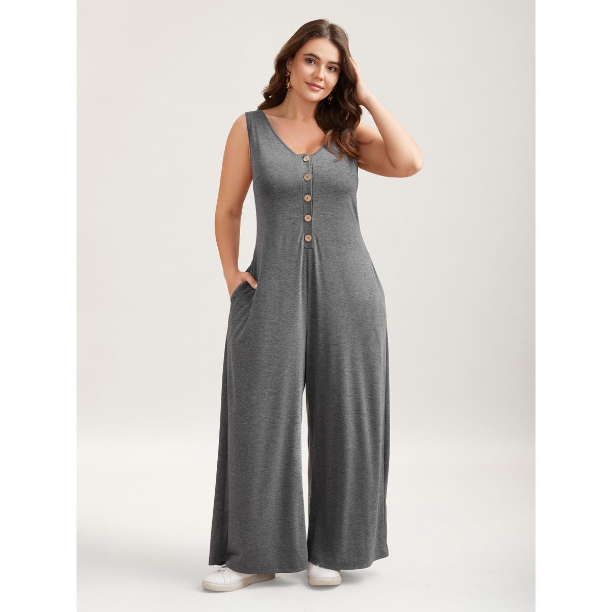Plus Size DimGray Button-Front Lightweight Wide-Leg Jumpsuit Women Casual Sleeveless V-neck Casual Loose Jumpsuits BloomChic 26/4X Product Image