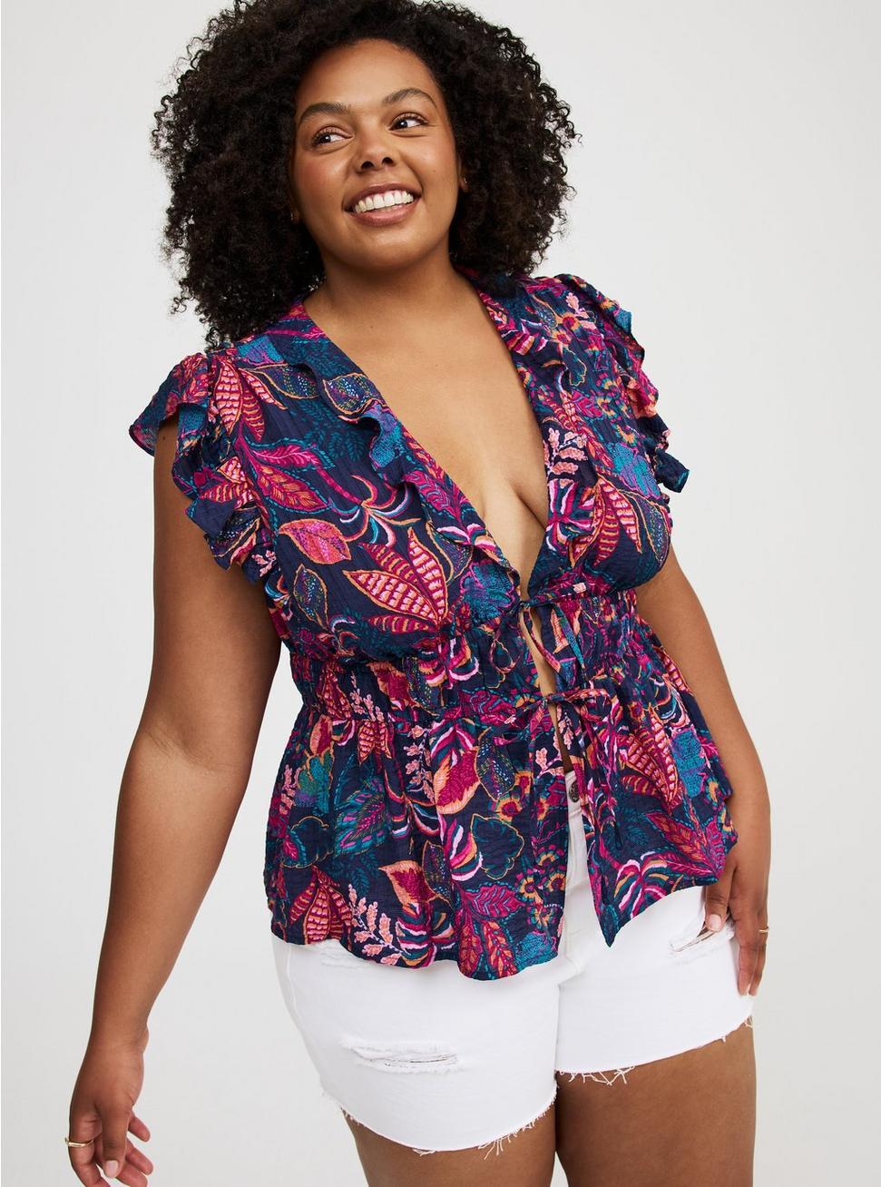 Ruffle V-Neck Tie Front Blouse Product Image