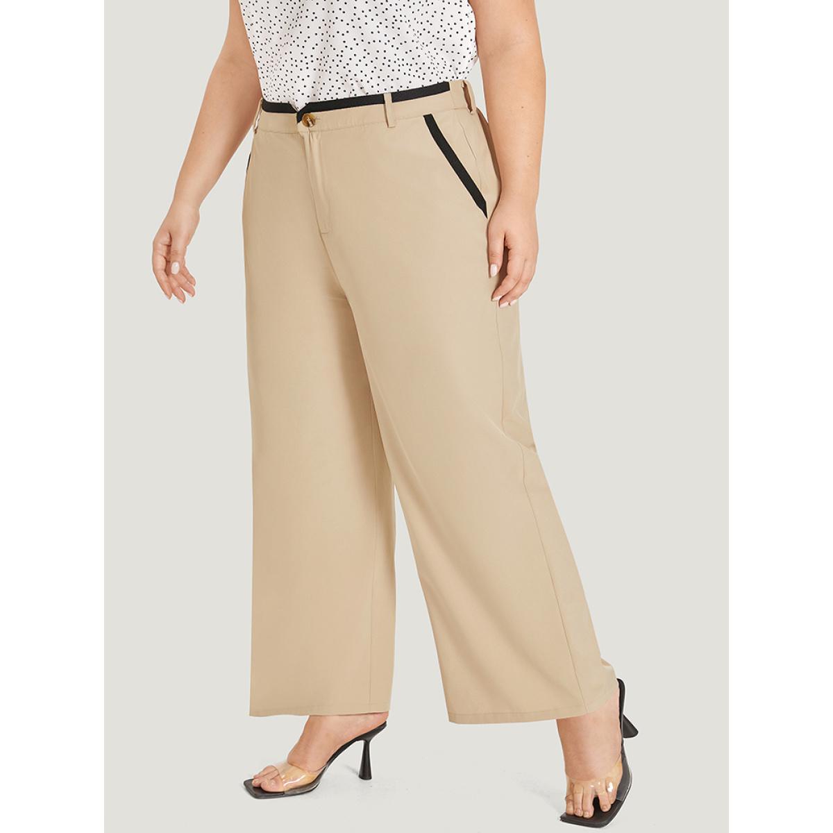 Plus Size Two Tone Pocket Patchwork High Rise Pants Women Ivory Elegant Straight Leg High Rise Dailywear Pants BloomChic 26/4X Product Image