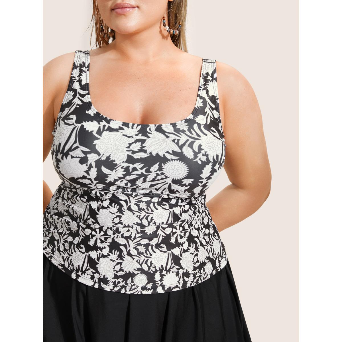 Plus Size Natural Flowers Tie Knot Drawstring Swim Dress Women's Swimwear Black Beach Bodycon U-neck High stretch Curve Swim Dresses BloomChic 26/4X Product Image