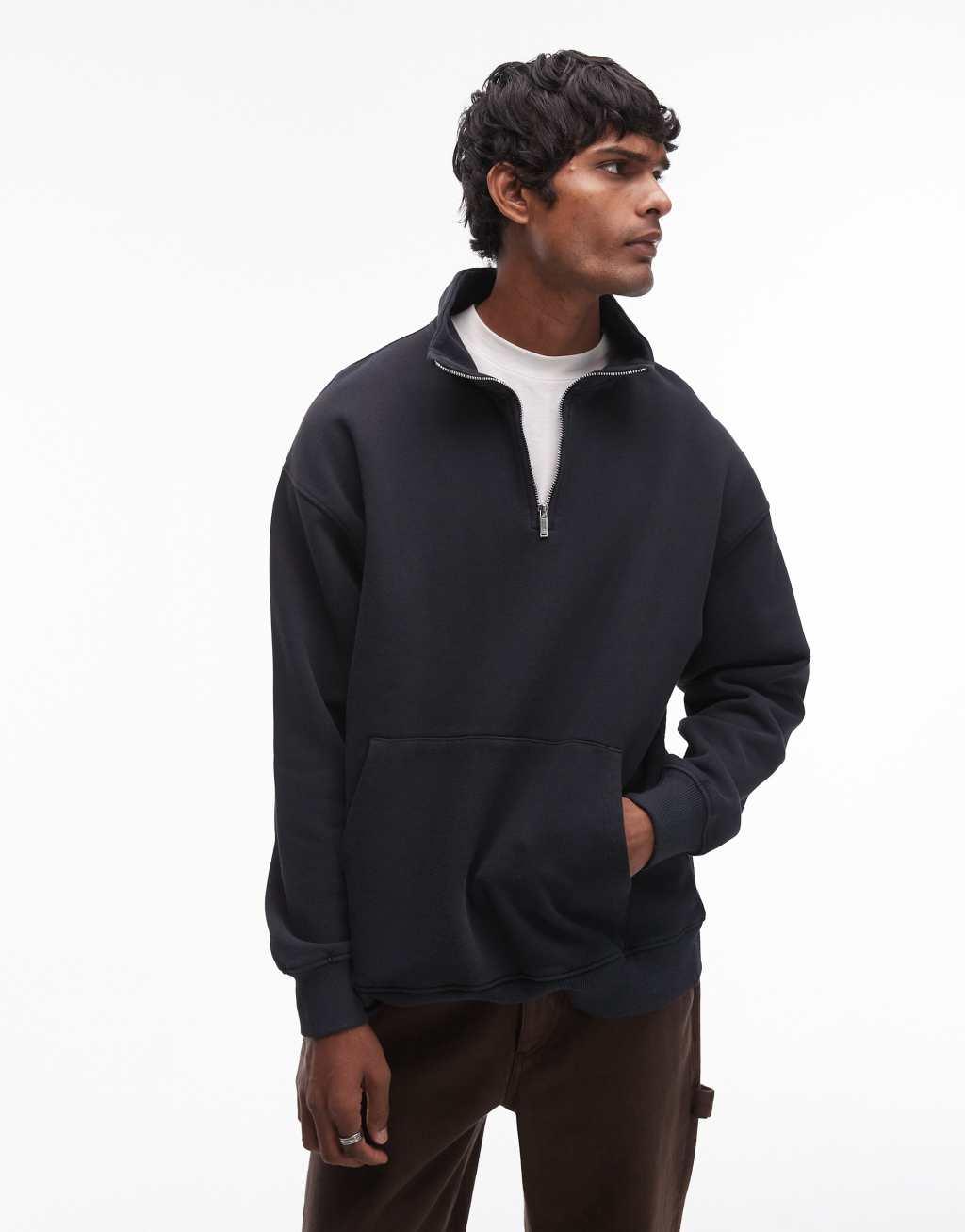 Topman washed 1/4 zip sweatshirt in black Product Image
