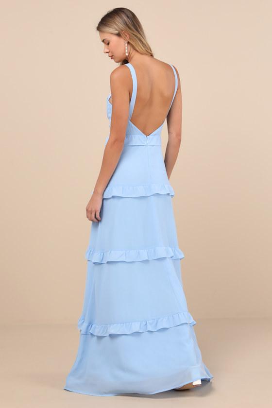 Sincerely Poised Light Blue Backless Bustier Tiered Maxi Dress Product Image
