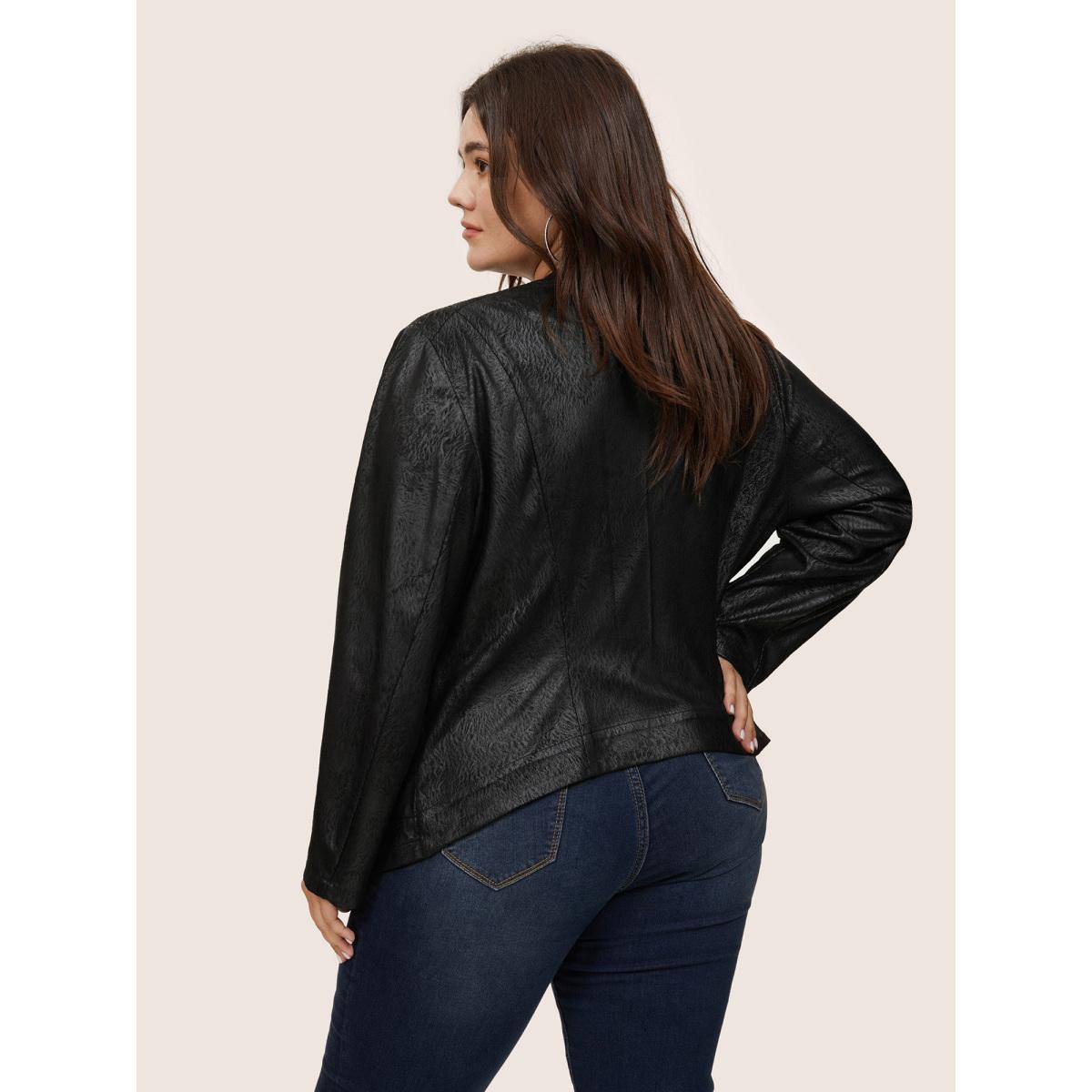 Plus Size PU Leather Print Faux Suede Buckle Detail Jacket Women Black Texture Pocket Everyday Jackets BloomChic 18-20/2X Product Image