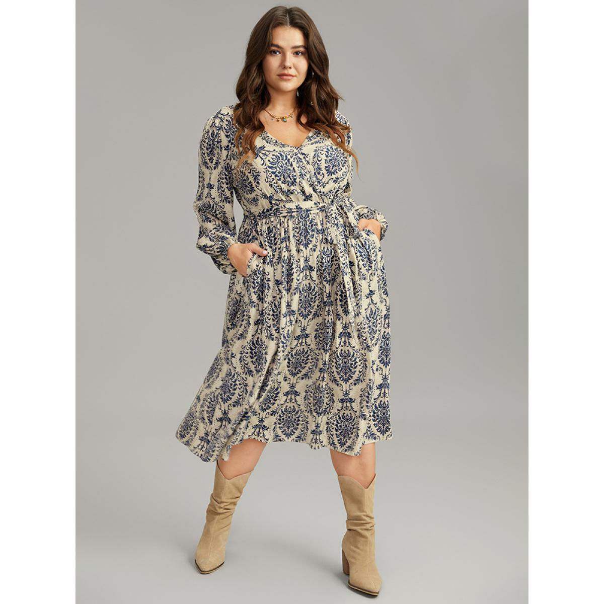 Plus Size Supersoft Essentials Boho Print Elastic Waist Belted Dress Indigo Women Vacation Elastic cuffs Overlap Collar Long Sleeve Curvy Midi Dress BloomChic 12/L Product Image