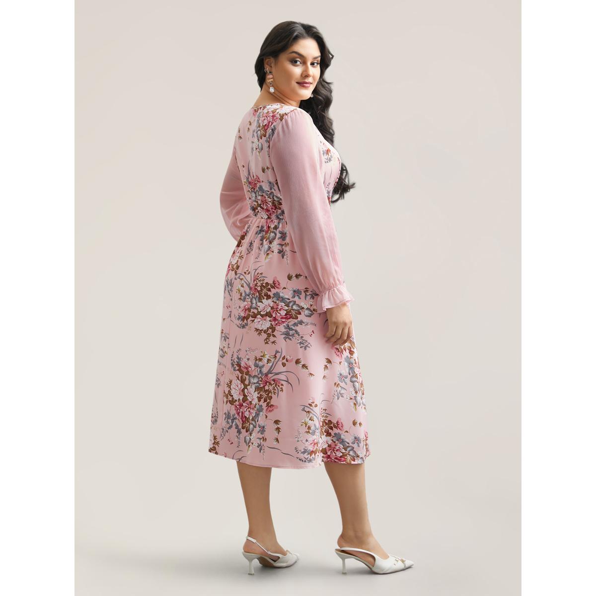Plus Size Floral Print Spliced Waist Cinched Midi Dress MistyRose Women Romantic See through Round Neck Long Sleeve Curvy BloomChic 30/6X Product Image