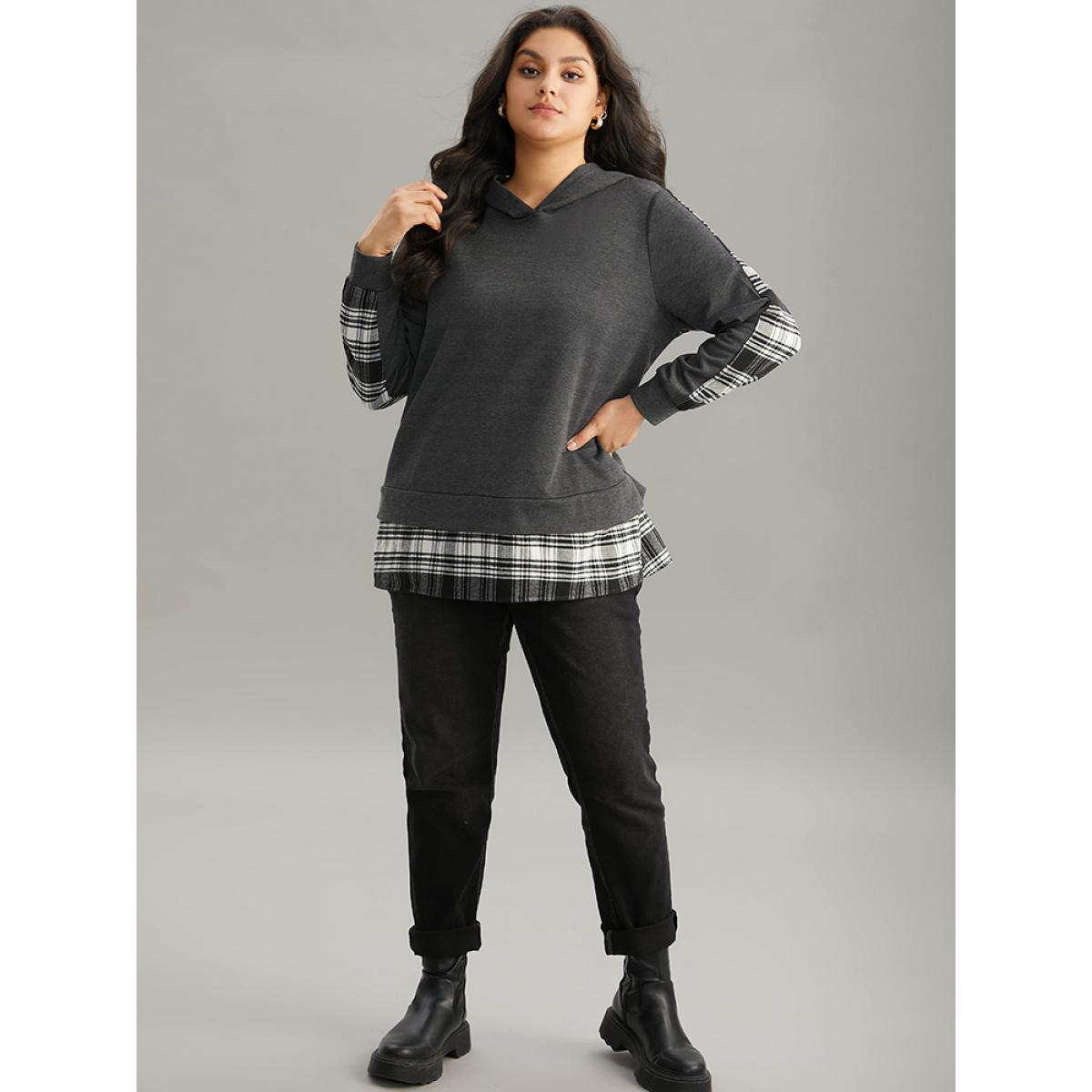 Plus Size Plaid Hem Patchwork Hooded Sweatshirt Women DimGray Casual Contrast Hooded Dailywear Sweatshirts BloomChic 18-20/2X Product Image