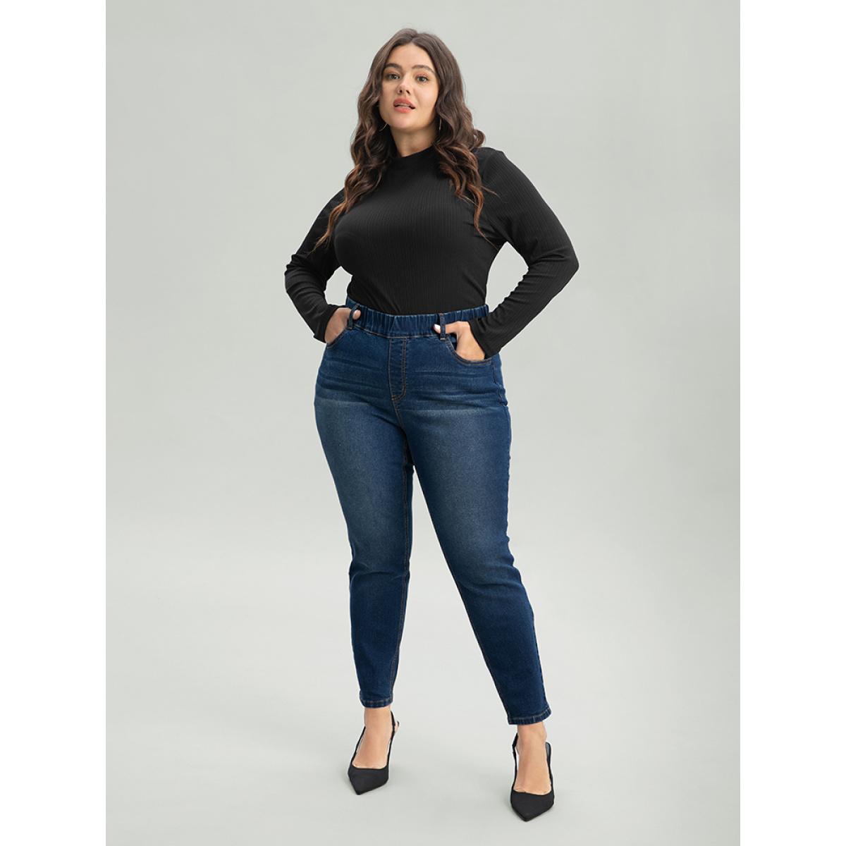 Plus Size Dark Wash Skinny Elastic Waist Jeans Women Blue Casual Plain Plain High stretch Pocket Jeans BloomChic 18/2X Product Image