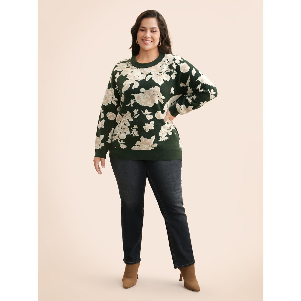 Plus Size Supersoft Essentials Silhouette Floral Print Pullover DarkGreen Women Casual Loose Long Sleeve Round Neck Everyday Pullovers BloomChic 26/4X Product Image