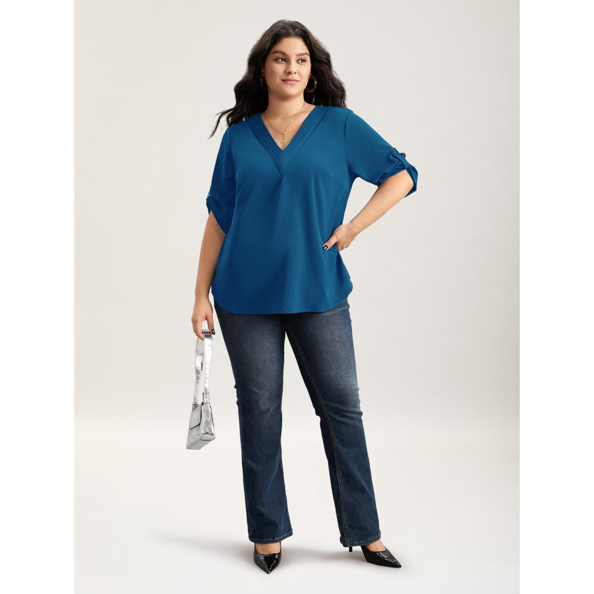Plus Size Cyan V Neck Plain Pleated Tab Sleeve Blouse Women Office Elbow-length sleeve V-neck Office Blouses BloomChic 12/L Product Image
