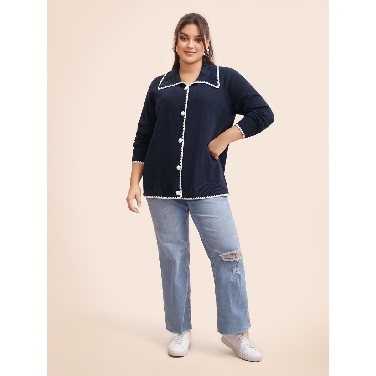 Plus Size Lapel Collar Contrast Trim Cardigan Indigo Women Casual Long Sleeve Everyday Cardigans BloomChic 14-16/1X Product Image
