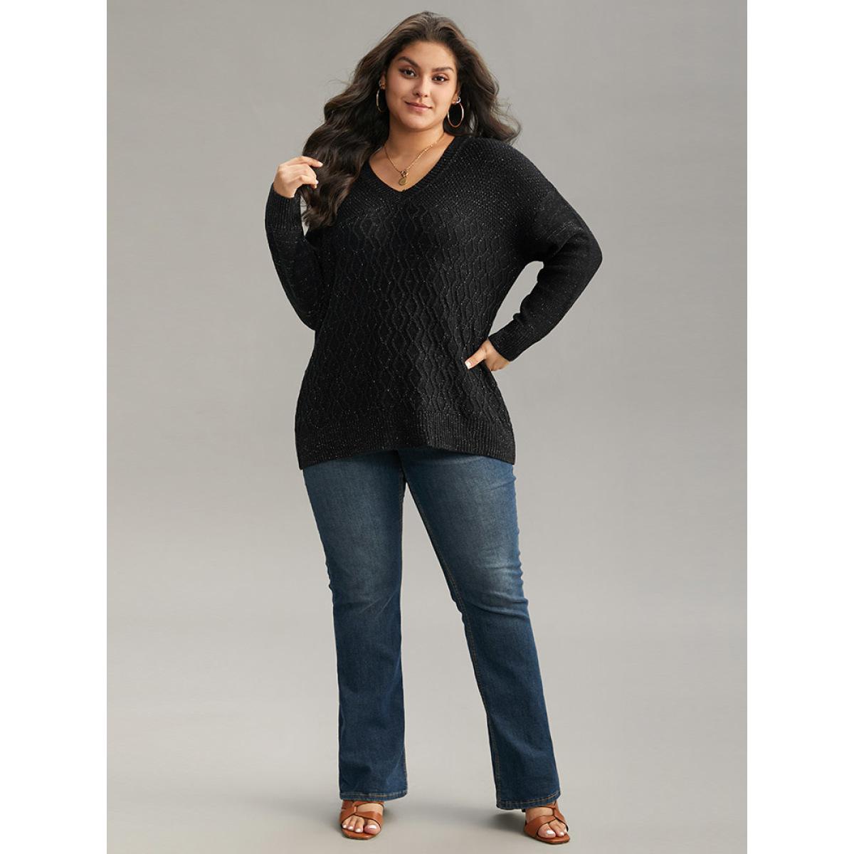 Plus Size Plain Sparkly V Neck Loose Pullover Black Women Casual Long Sleeve V-neck Everyday Pullovers BloomChic 10/M Product Image