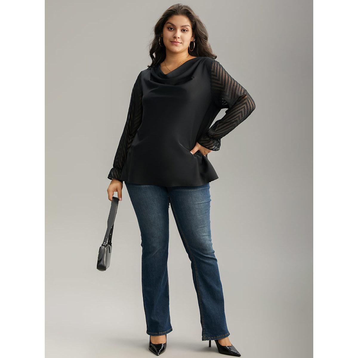 Plus Size Black Patchwork Mesh Texture Cowl Neck Blouse Women Office Long Sleeve Cowl Neck Work Blouses BloomChic 12/L Product Image