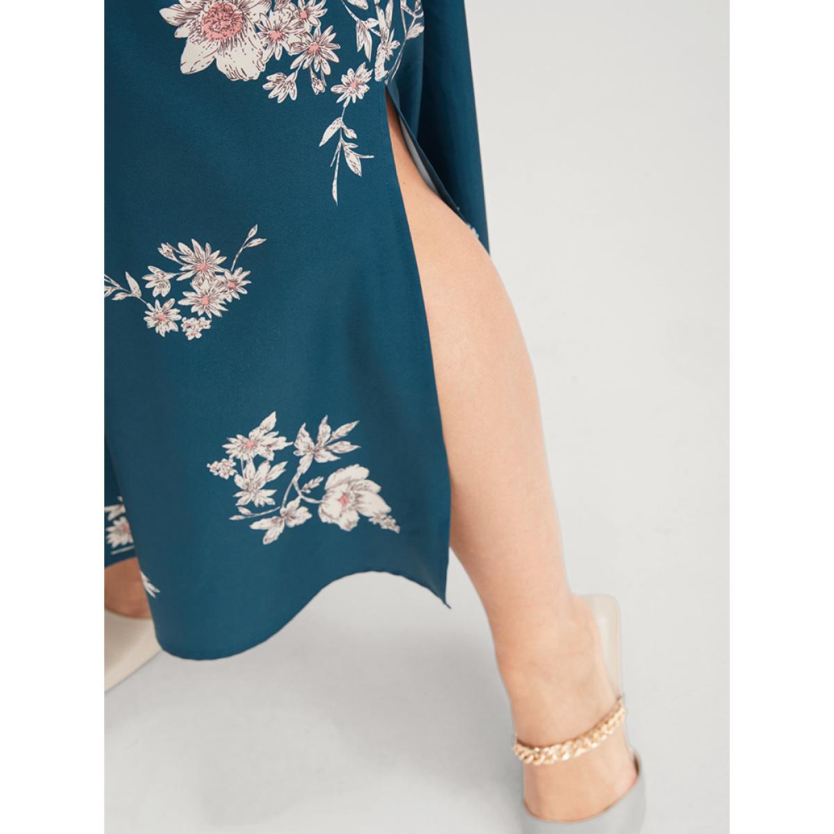 Plus Size Floral Button Up Pocket Split Shirred Shirt Collar Dress Aegean Women Elegant Printed Shirt collar Long Sleeve Curvy Midi Dress BloomChic 14-16/1X Product Image