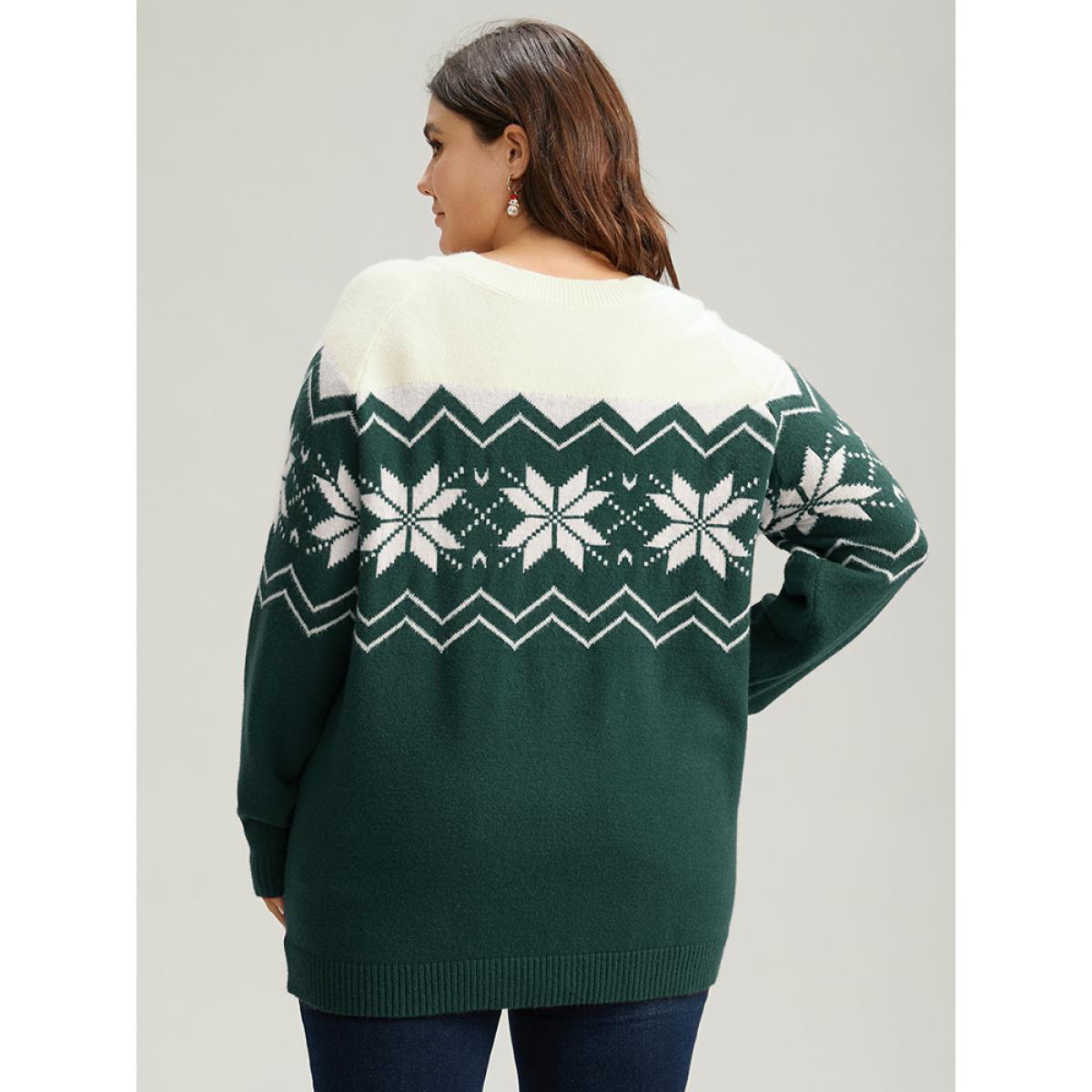 Plus Size Supersoft Essentials Snowflake Colorblock Pullover DarkGreen Women Casual Loose Long Sleeve Round Neck Festival-Christmas Pullovers BloomChic 10/M Product Image