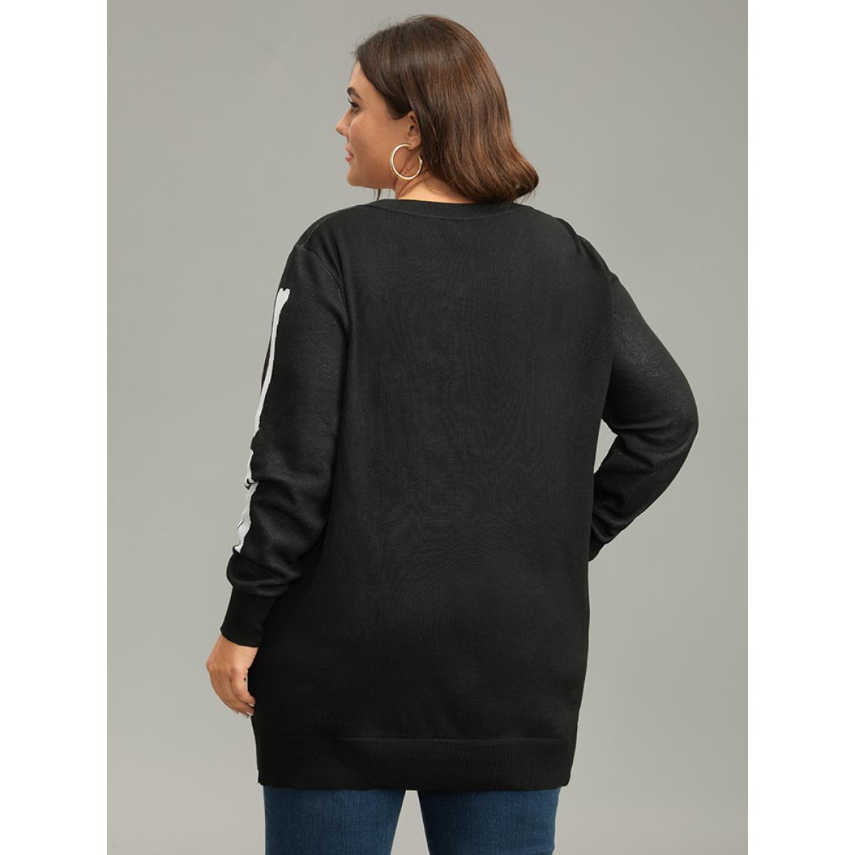 Plus Size Halloween Skull Print Elastic Cuffs Pullover Black Women Casual Loose Long Sleeve V-neck Festival-Halloween Pullovers BloomChic 10/M Product Image