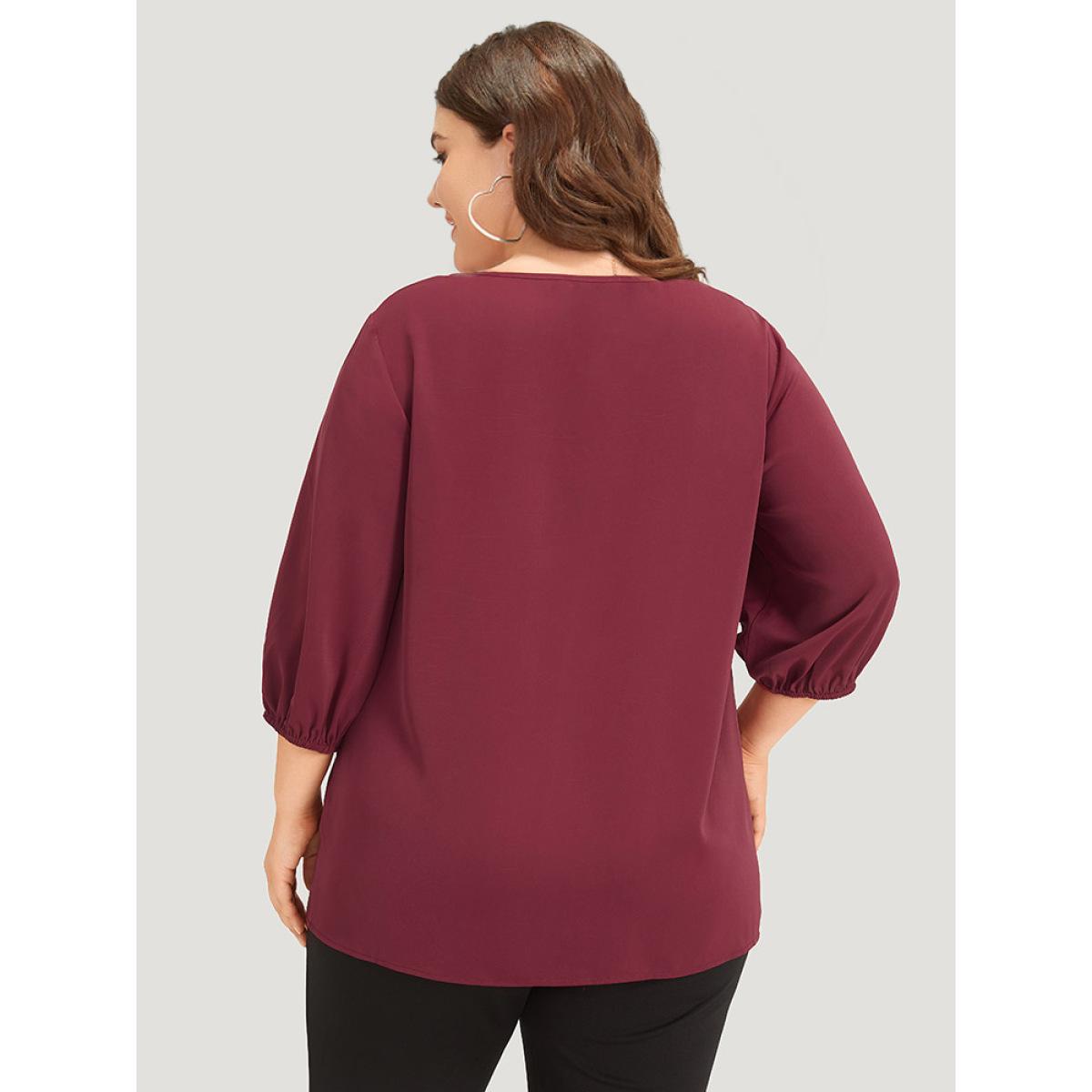 Plus Size Burgundy Solid Contrast Lace Lantern Sleeve Blouse Women Office Elbow-length sleeve V-neck Work Blouses BloomChic 26/4X Product Image