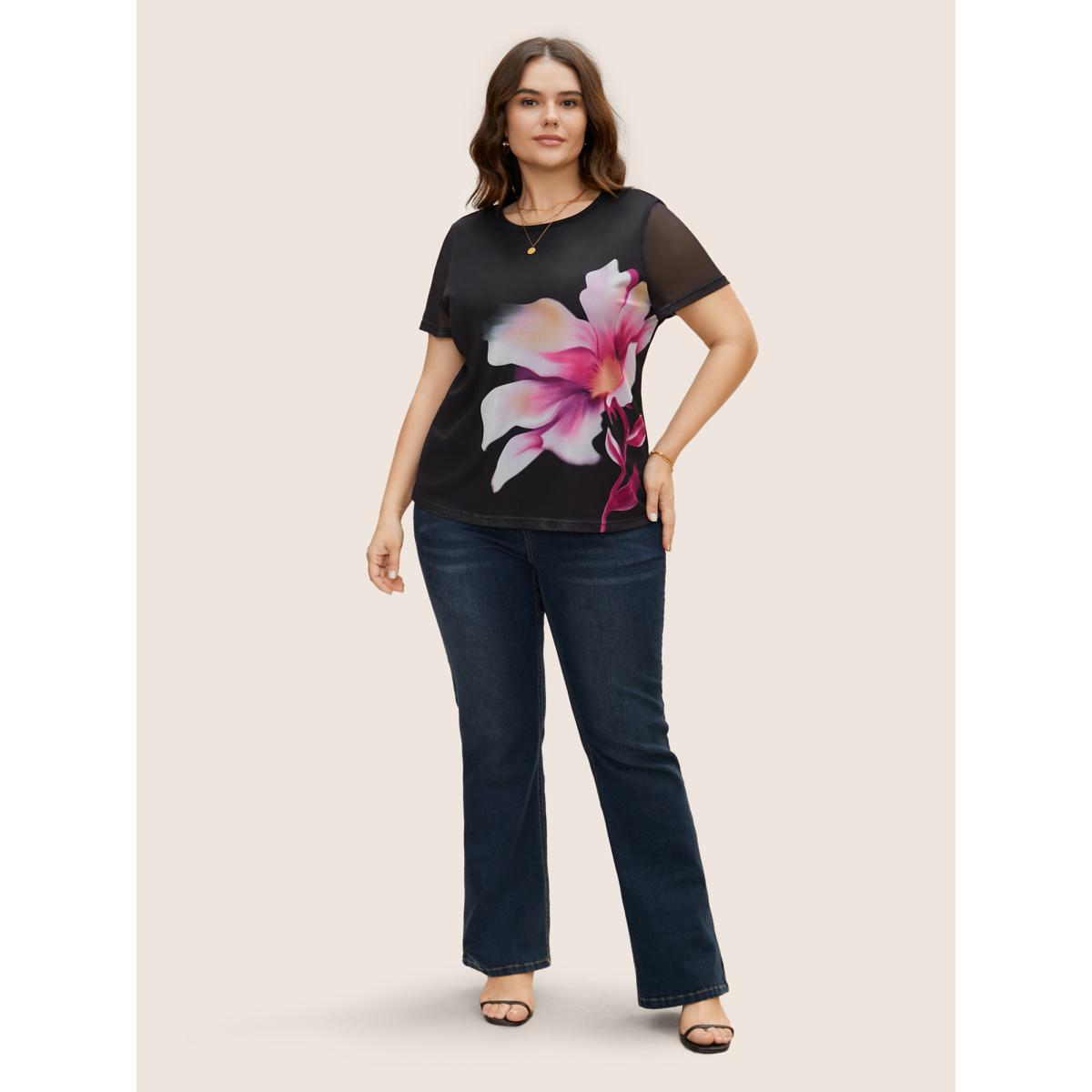 Plus Size Round Neck Lily Print Patchwork Mesh T-shirt Black Women Elegant See through Natural Flowers Round Neck Everyday T-shirts BloomChic 14-16/1X Product Image