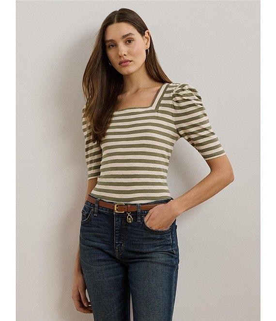 Lauren Ralph Lauren Knit Stripe Print Square Neck Short Puff Sleeve Tee Shirt Product Image