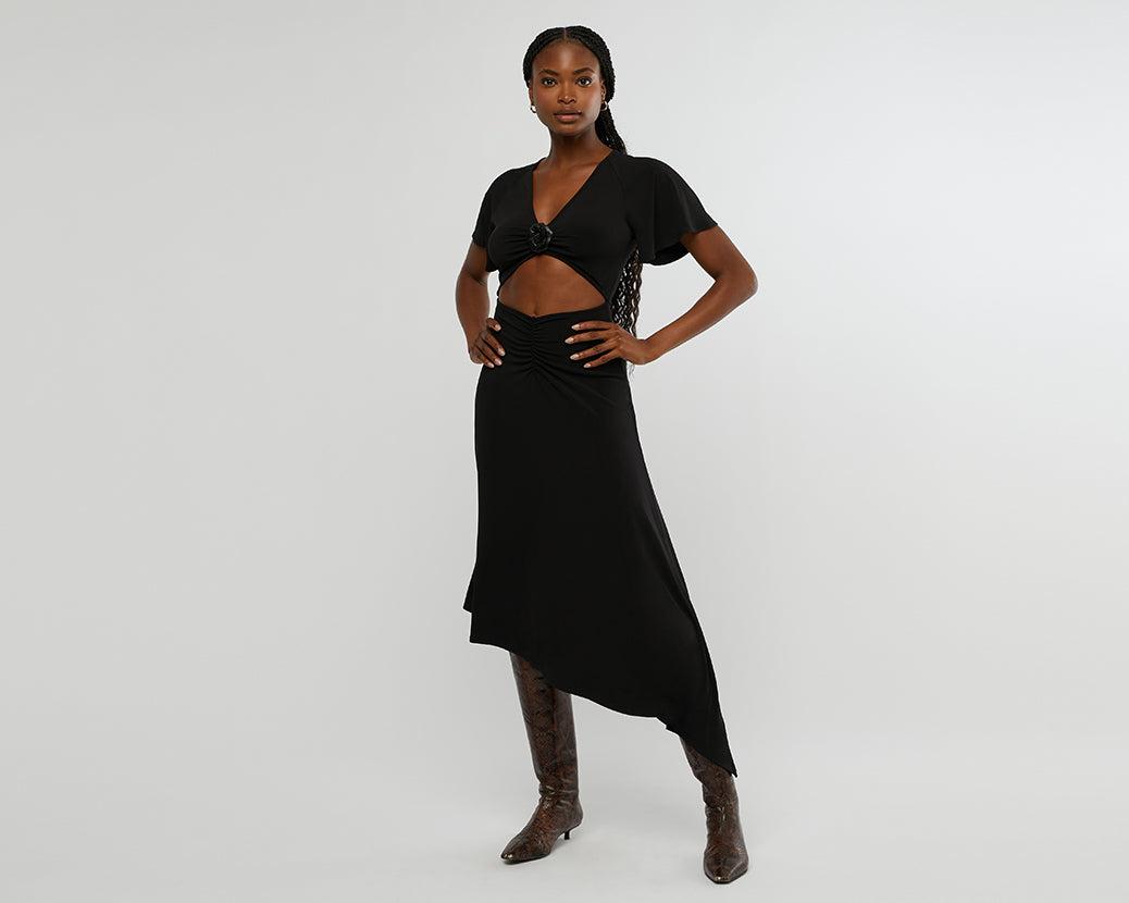 WeWoreWhat | Cut Out Rosette Asymmetrical Dress | Black FINAL SALE Product Image