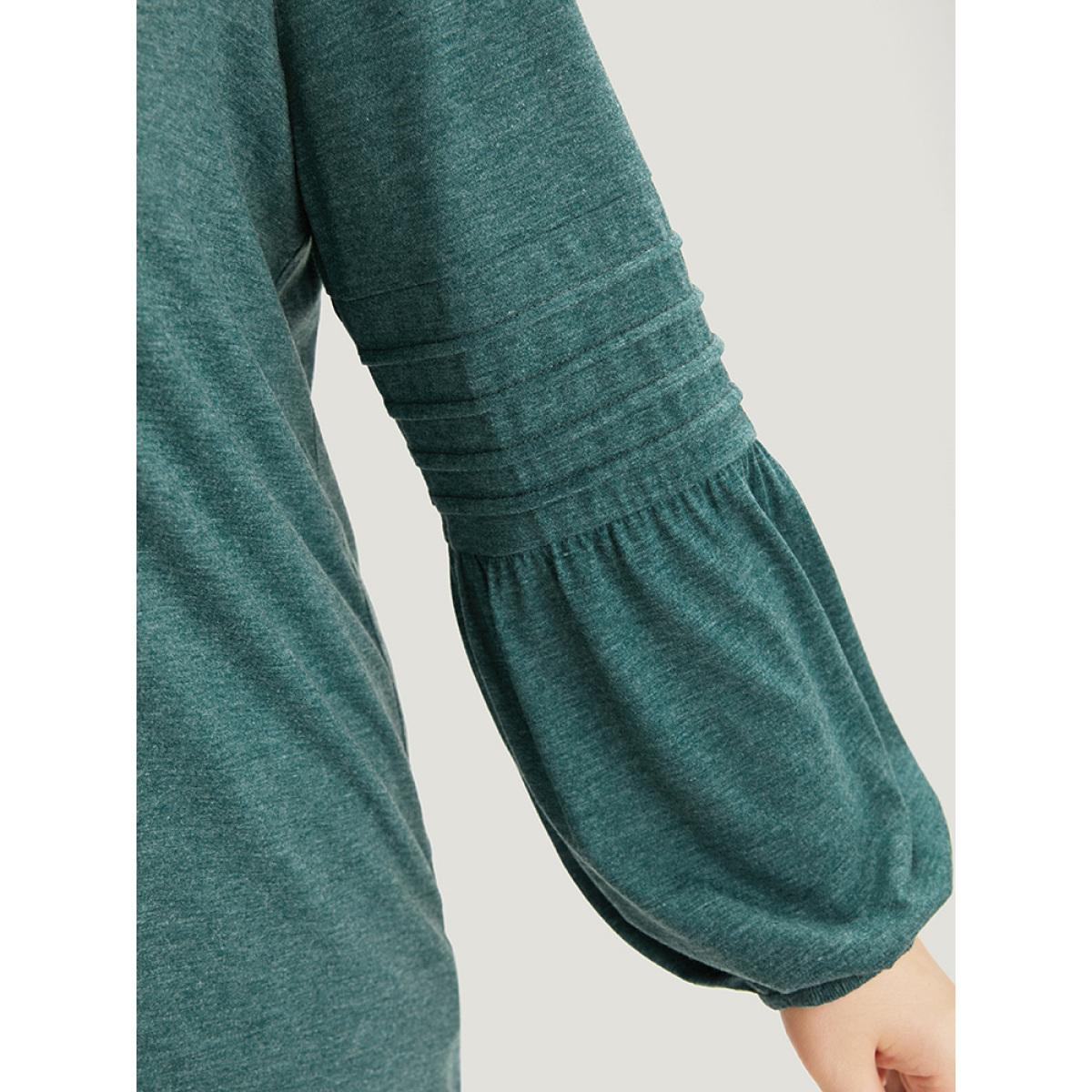 Plus Size Plain V Neck Gathered Elastic Waist Pleated T-shirt DarkGreen Women Elegant Elastic cuffs Plain V-neck Dailywear T-shirts BloomChic 30/6X Product Image