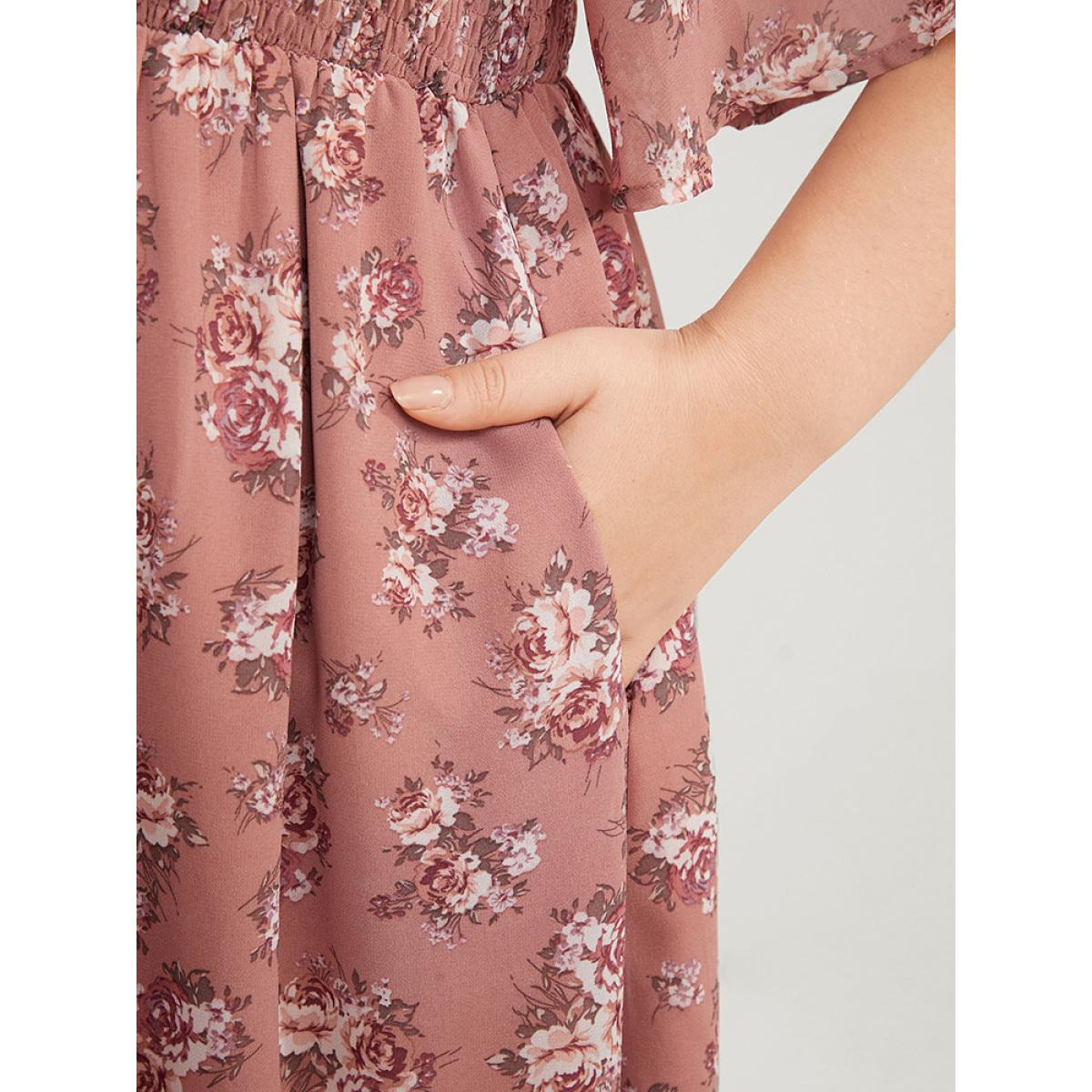 Plus Size Floral Print V Neck Shirred Pocket Ruffle Dress DustyPink Women Elegant Elastic Waist V-neck Half Sleeve Curvy Knee Dress BloomChic 12/L Product Image