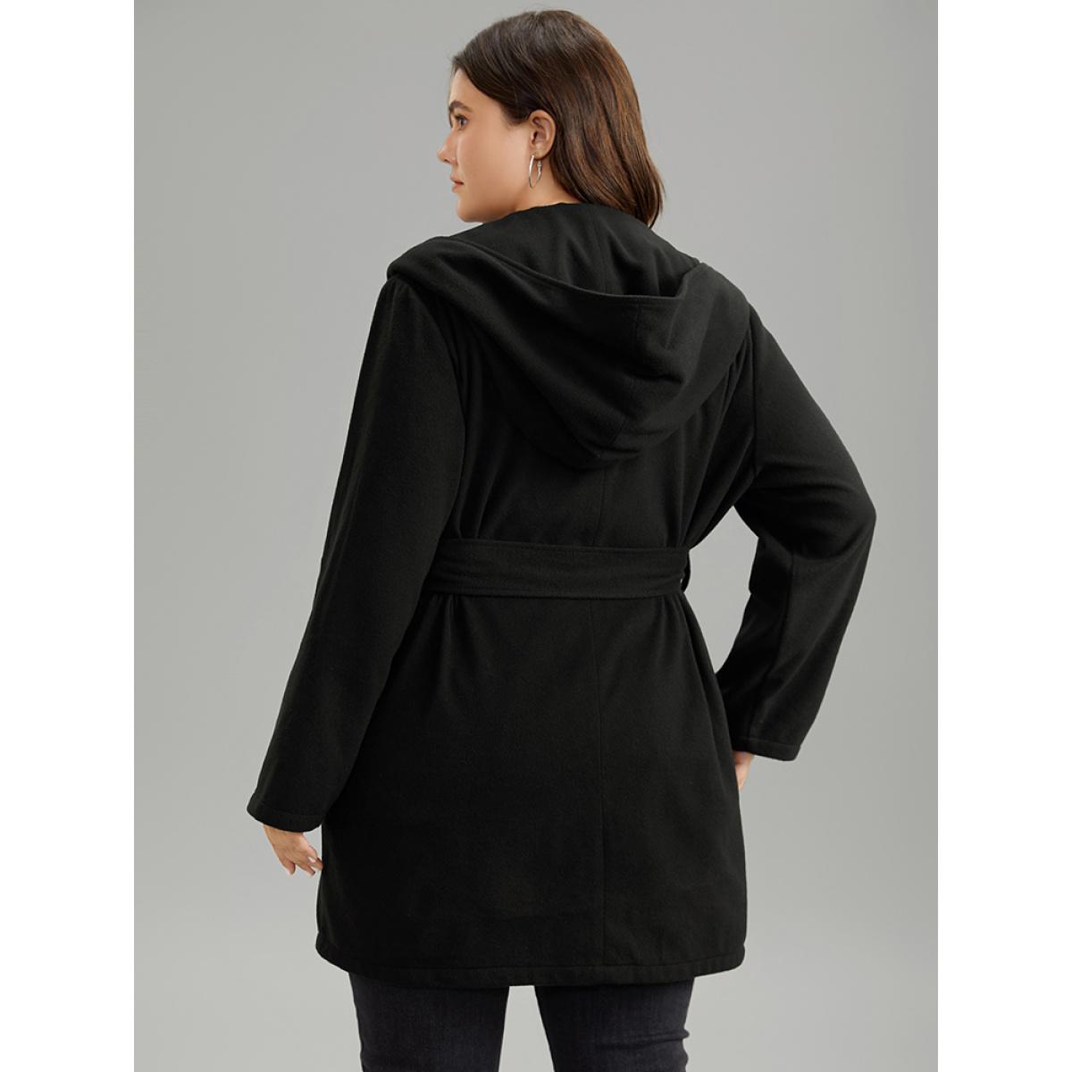 Plus Size Plain Belted Hooded Tunic Pocket Coat Women Black Casual Plain Ladies Dailywear Winter Coats BloomChic 18-20/2X Product Image
