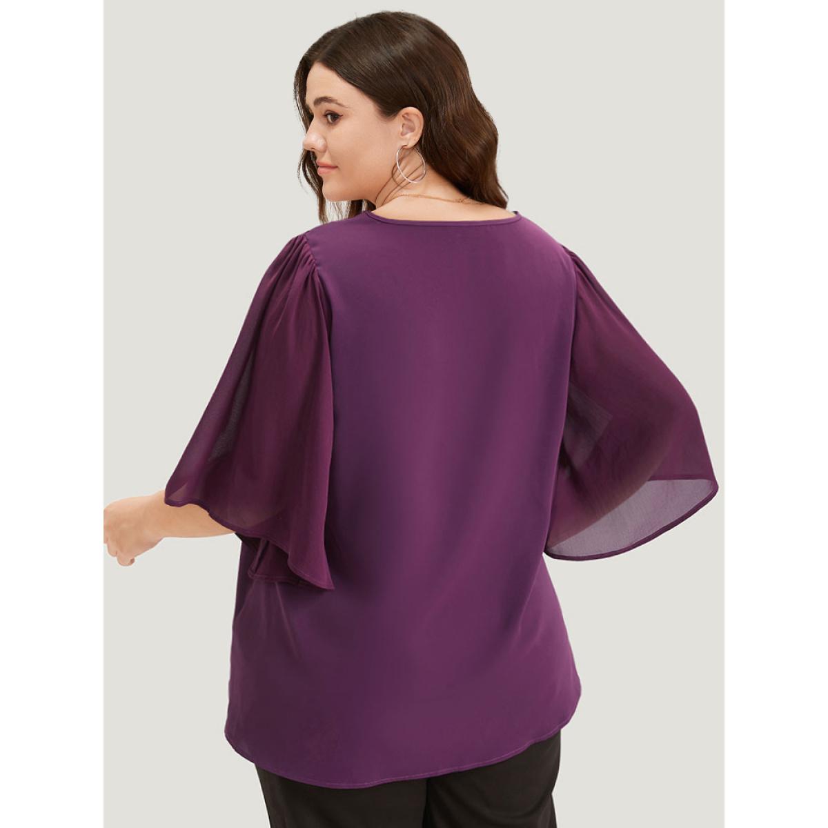 Plus Size Purple Anti-Wrinkle Plain V Neck Mesh Patchwork Flutter Sleeve Blouse Women Office Half Sleeve V-neck Office Blouses BloomChic 10/M Product Image