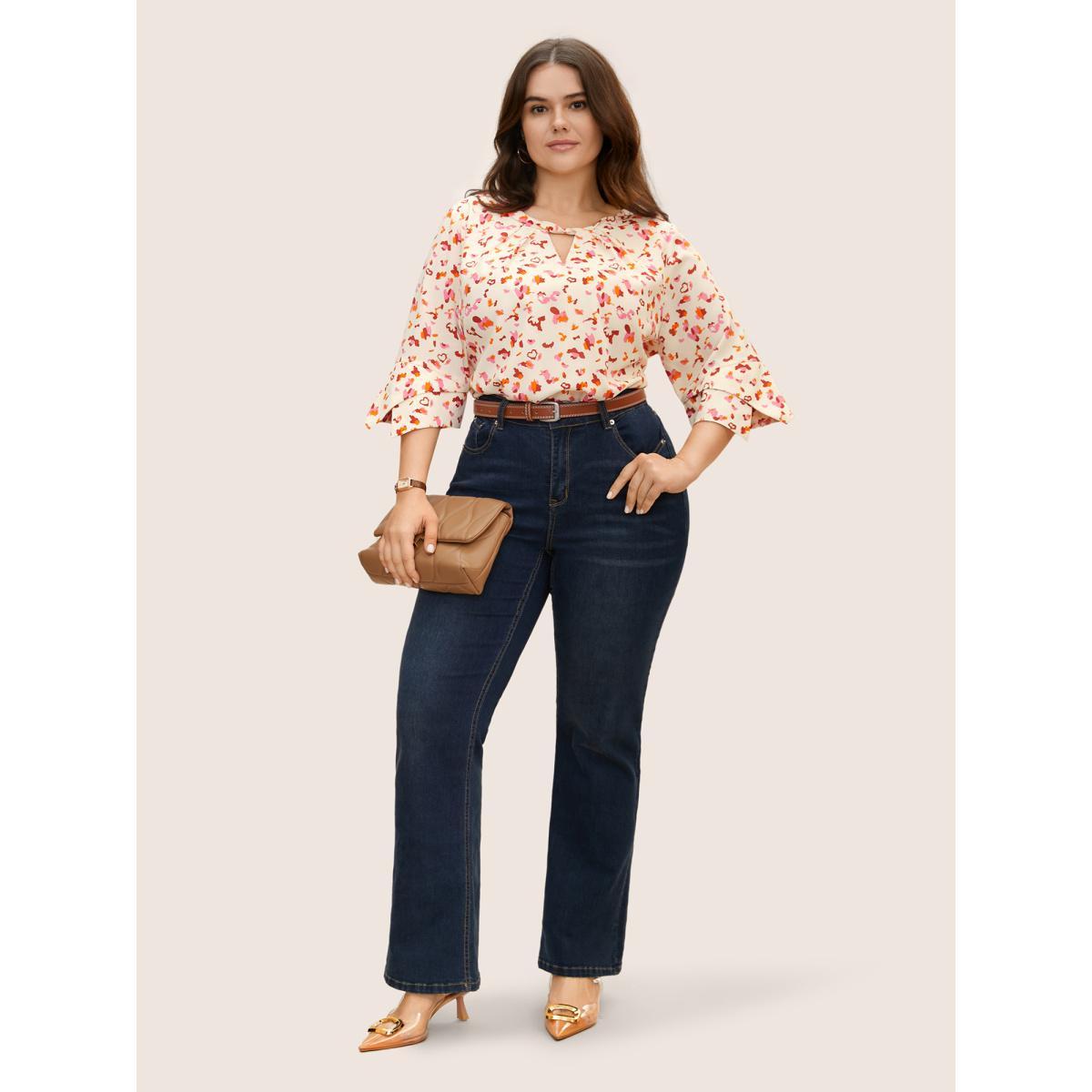 Plus Size Multicolor Allover Print Ruffle Sleeve Keyhole Blouse Women At the Office Elbow-length sleeve Round Neck Office Blouses BloomChic 28/5X Product Image