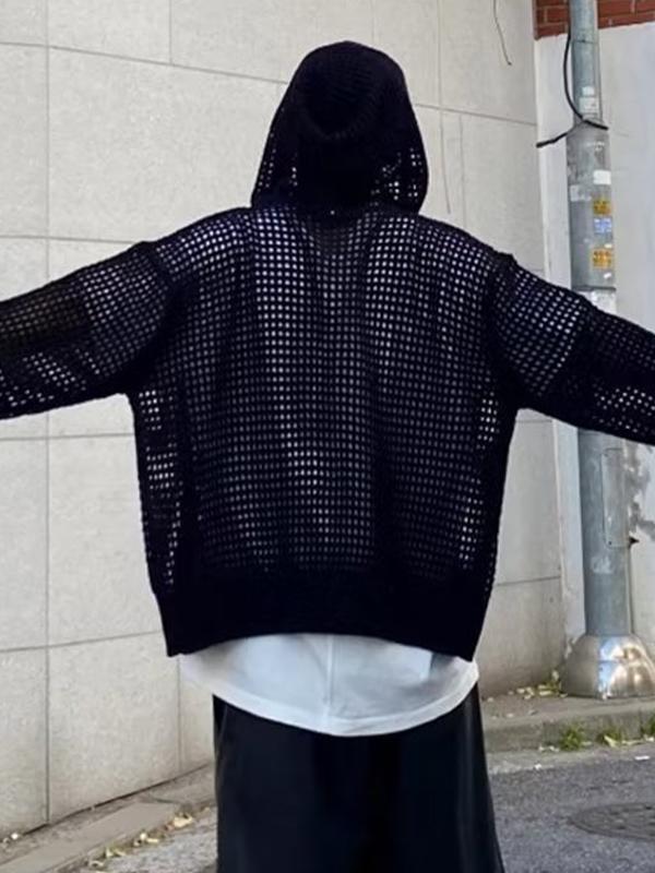 Men's Cutout Zip Up Knit Oversized Hoodie Product Image