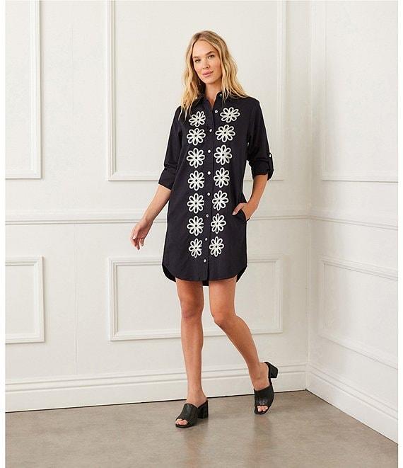 Karen Kane Embroidered Point Collar 3/4 Roll-Tab Sleeve Button Front Shirtdress Product Image