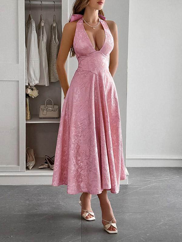 A-Line High Waisted Backless Drawstring Jacquard Pleated Solid Color Tied Deep V-Neck Midi Dresses Product Image