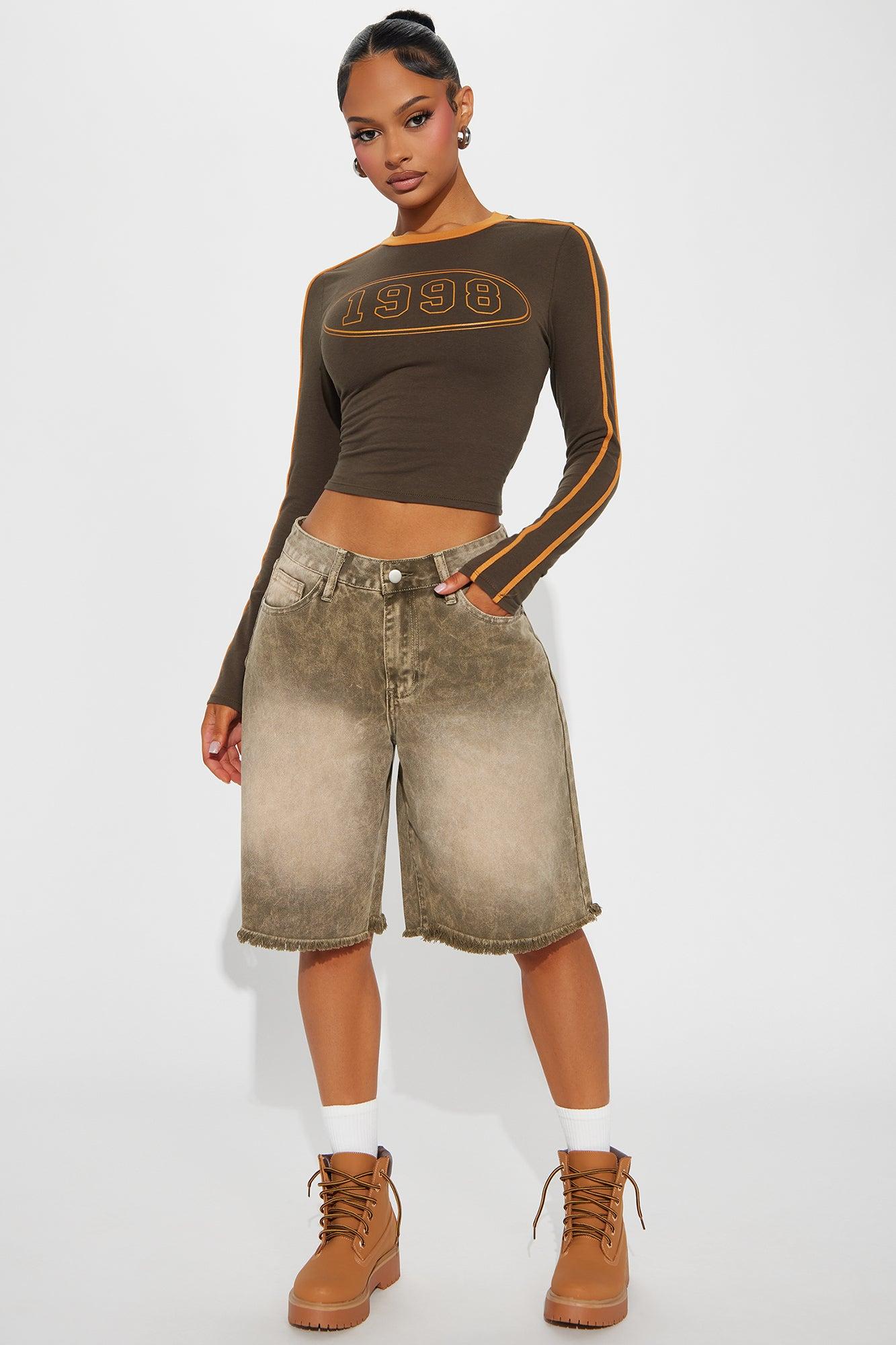 Come A Long Way Baggy Denim Jorts - Olive Product Image