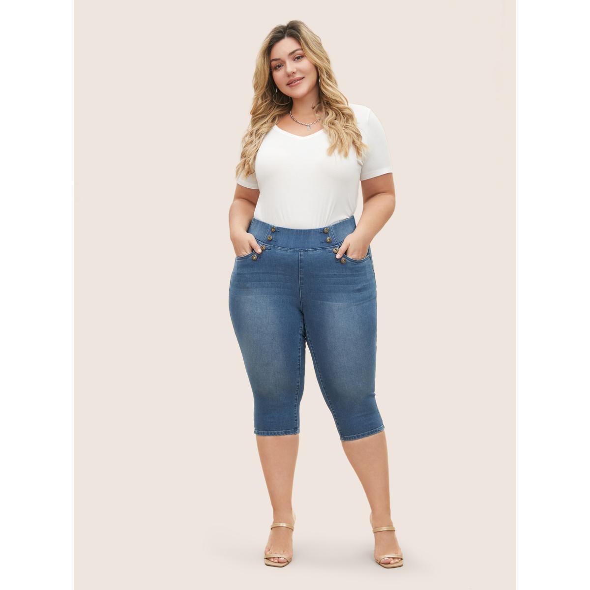 Plus Size Light Wash Button Detail Pull On Jegging Jeans Women Blue Casual Plain Non High stretch Slanted pocket Jeans BloomChic 14/1X Product Image