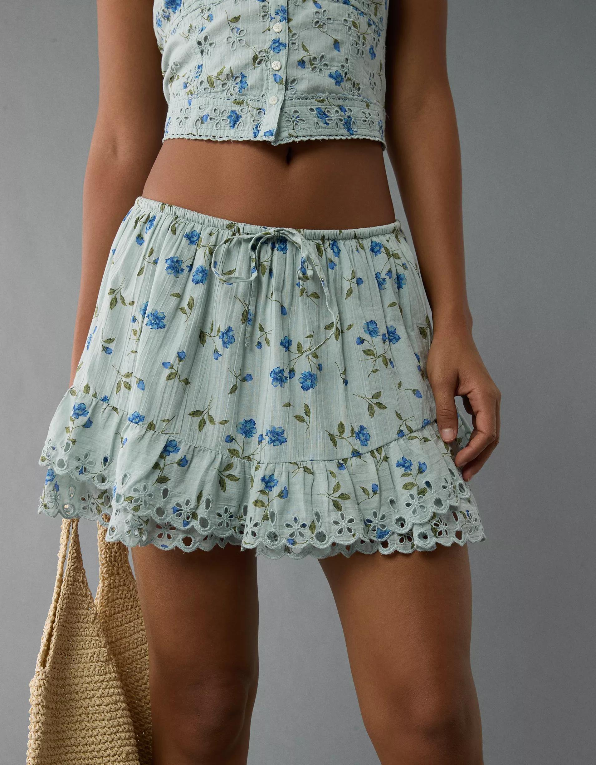 AE High-Waisted Embroidered Ruffle Mini Skirt Product Image