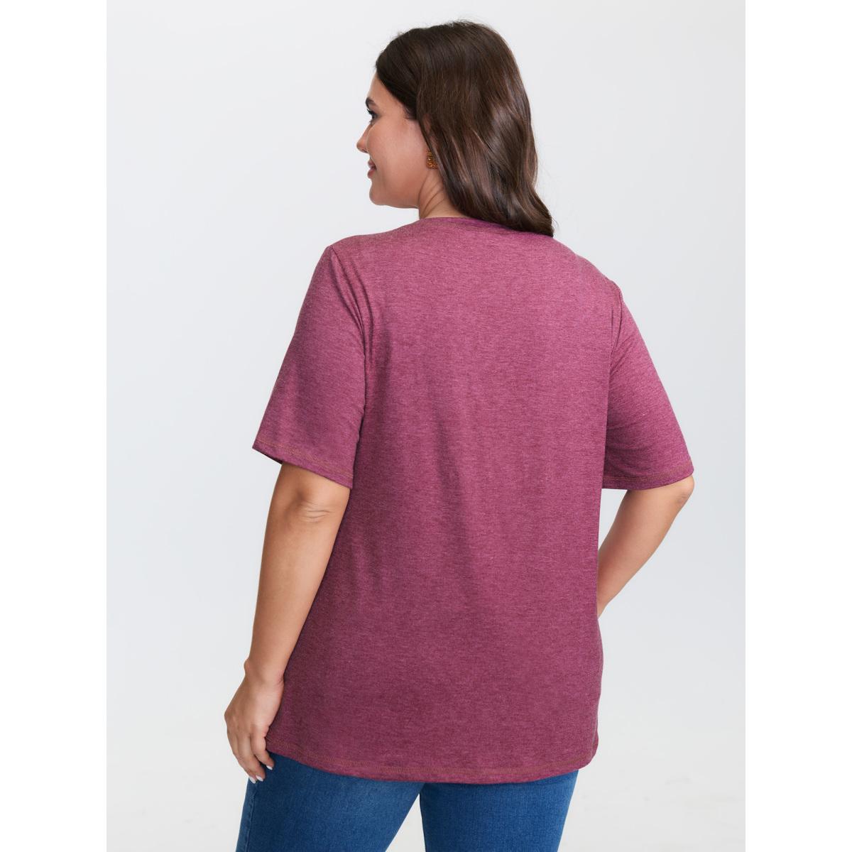 Plus Size Solid Crisscross Neck Contrast Stitch T-shirt RedViolet Women Leisure Heather Plain V-neck Casual T-shirts BloomChic 22-24/3X Product Image