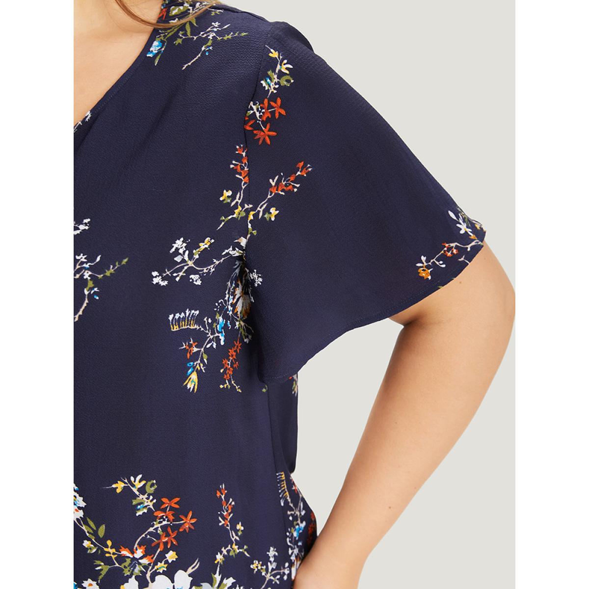Plus Size Blue Floral Print Knot Neck Blouse Women Elegant Short sleeve Tie Neck Dailywear Blouses BloomChic 10/M Product Image