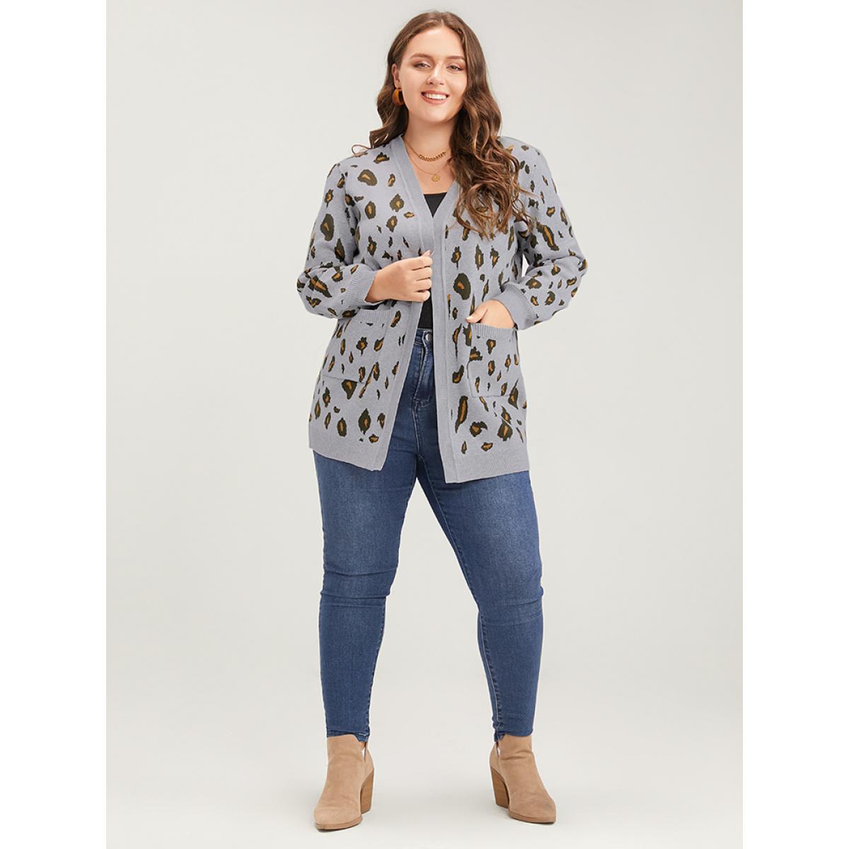 Plus Size Leopard Super Soft Knit Pocket Jacquard Open Front Cardigan DarkGray Women Casual Long Sleeve Dailywear Cardigans BloomChic 18-20/2X Product Image