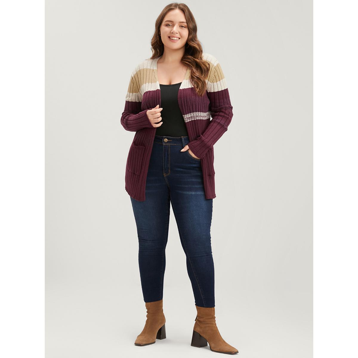 Plus Size Colorblock Contrast Super Soft Rib Knit Pocket Open Front Cardigan Burgundy Women Casual Long Sleeve Dailywear Cardigans BloomChic 30/6X Product Image